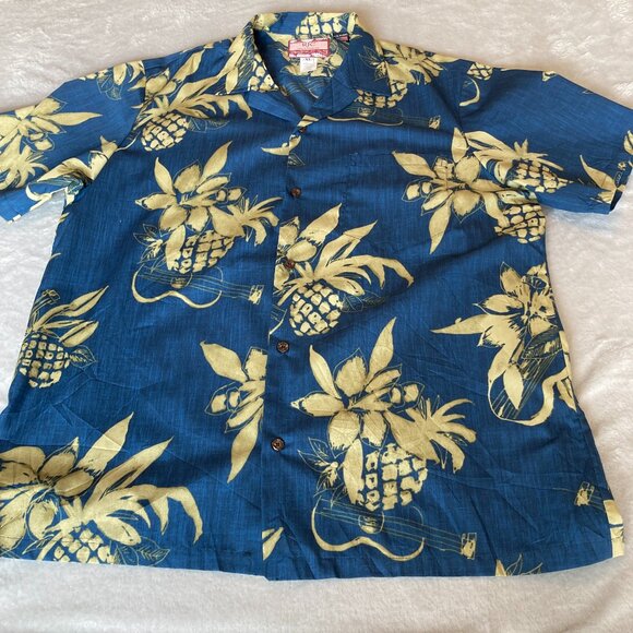 RJC Hawaii Men's XL Pineapple Ukulele Print Blue Aloha Button-Up XL EUC - Picture 1 of 9